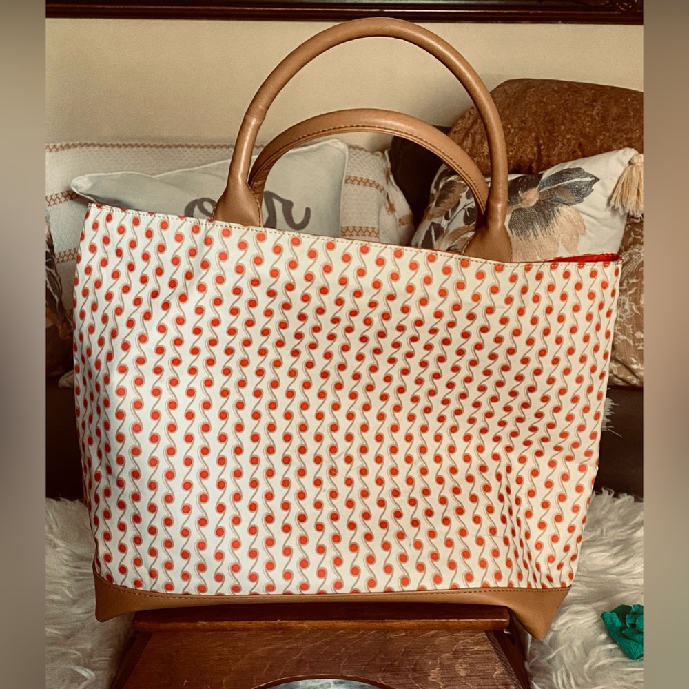 Estee Lauder Shopper Tote Bag Handbag Purse Orange Tan Scrolls Dots 14"x11"x5"
